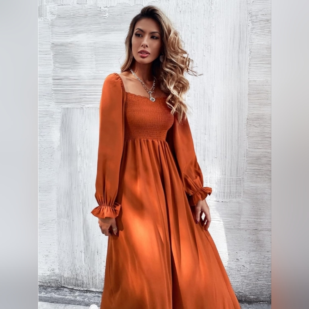 Floerns Boho Square-Neck Long Puff Sleeve Maxi Dress - size M, Burnt Orange